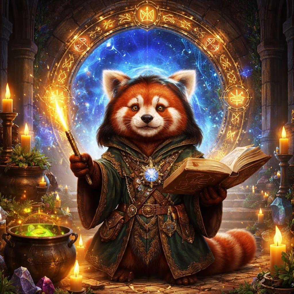Mystical Red Panda with Stargate and Wiccan Symbols