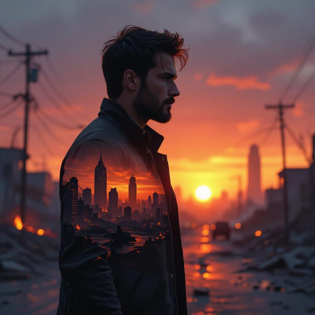 Post-Apocalyptic Double Exposure: Dystopian Cityscape