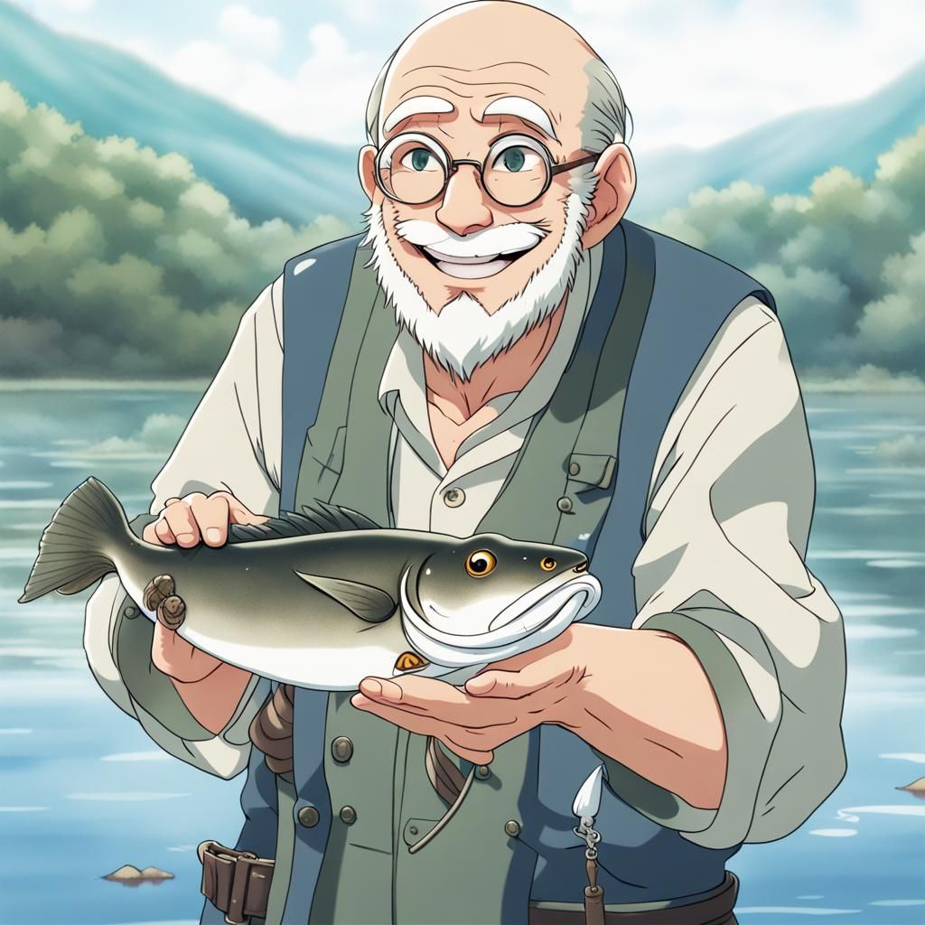 Happy Fisherman with Catfish in Anime Style