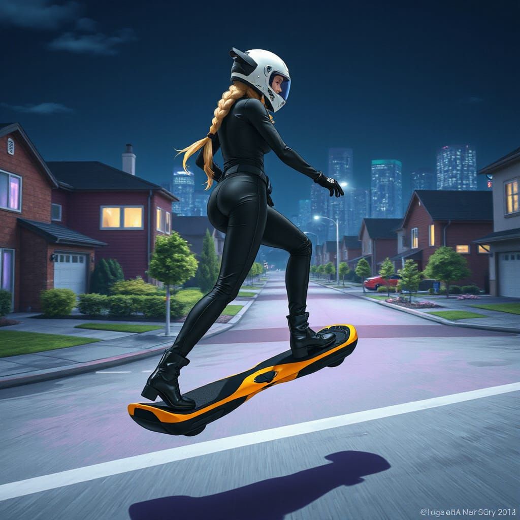 Cyberpunk Woman Riding Hoverboard at Night