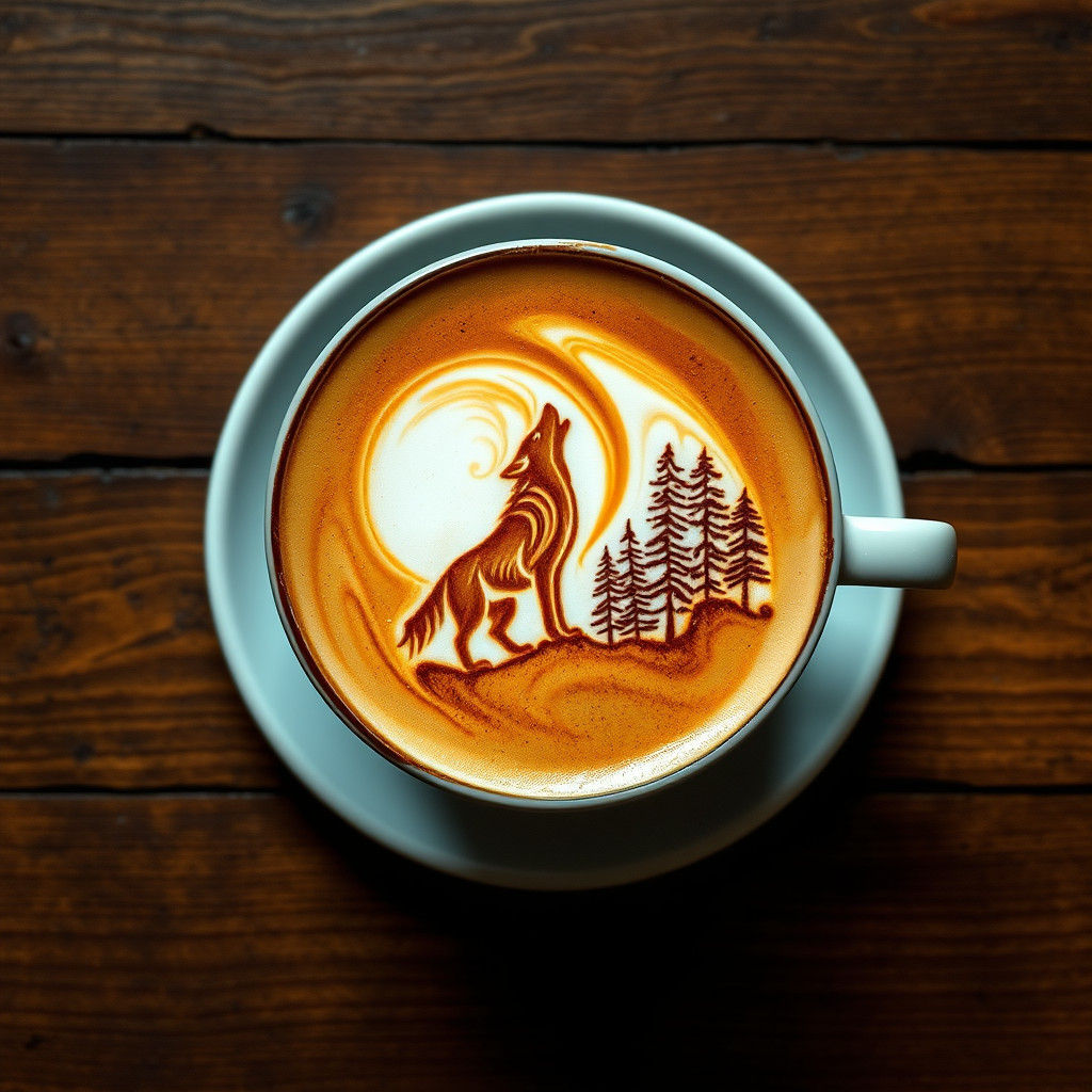 Latte Art: Wolf Howling at Moon, Hyperrealistic Photo