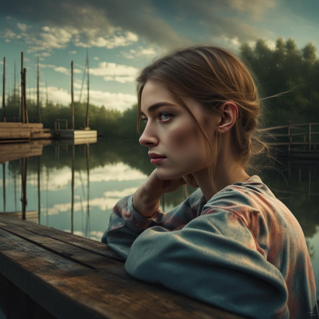 Reflective Portrait on a Dock at Water's Edge