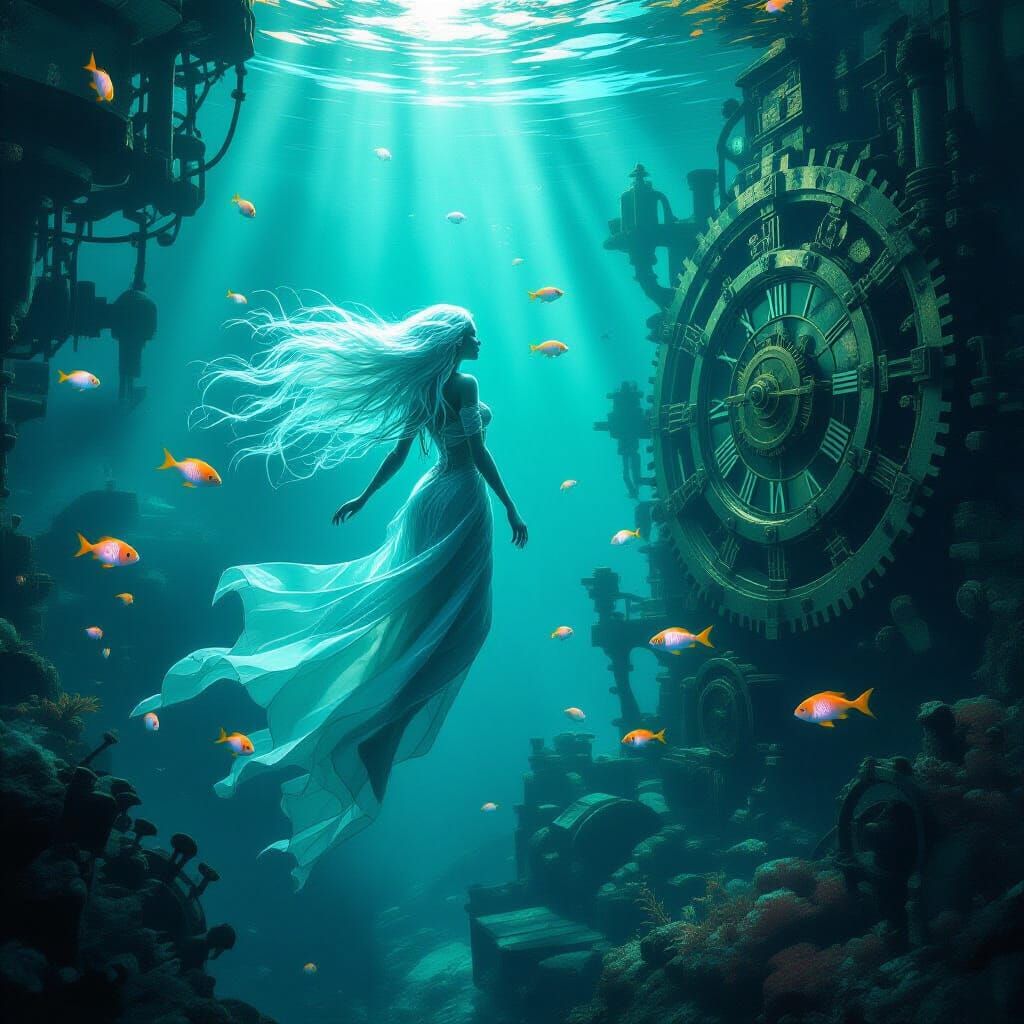 Ethereal Woman in Clockwork Underwater City