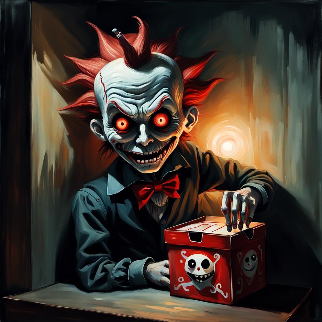 A scary Jack in the box springs from its box on a shelf in t...