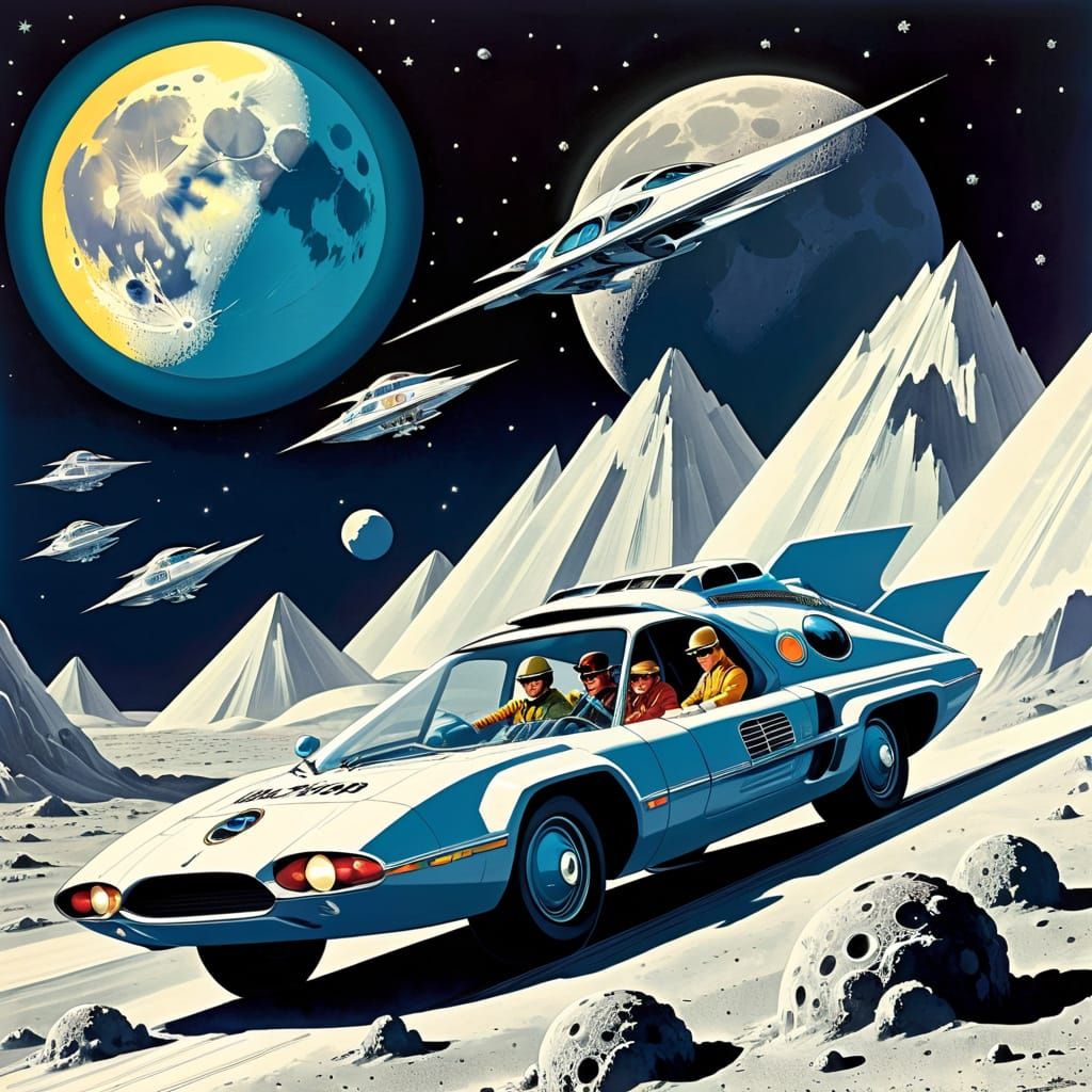 Retro Futurism Cars on Moon Cinema Poster Art