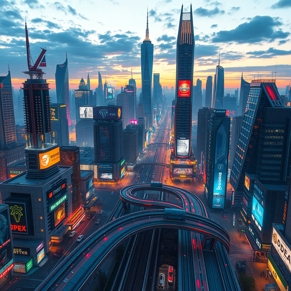 Futuristic Metropolis at Dusk in Cyberpunk Style