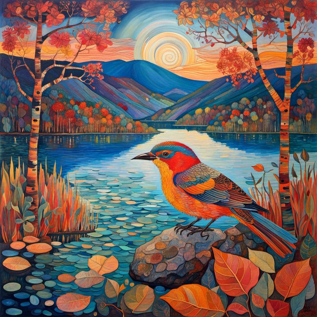 Autumn Lake in Art Nouveau Style
