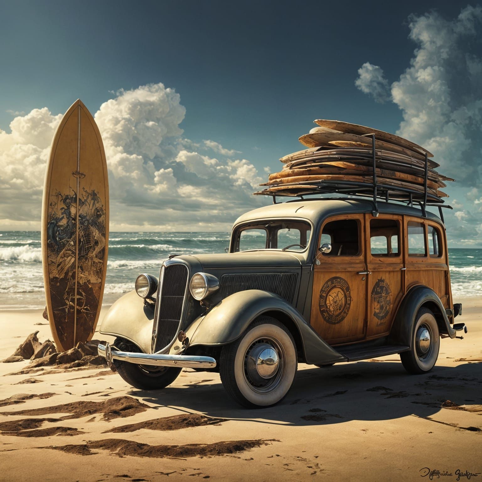 Epic 1934 Ford Woody Surfs the Beach in Full Sunlight