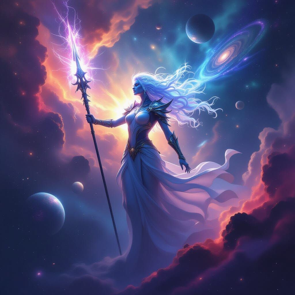 Starlight Celestial Being Wields Energy Spear in Nebula