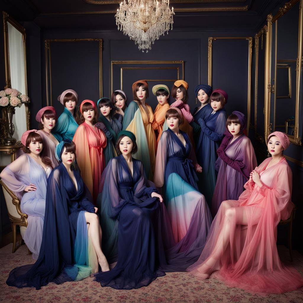 Group of women wearing navy blue rainbow chiffon voile robes...