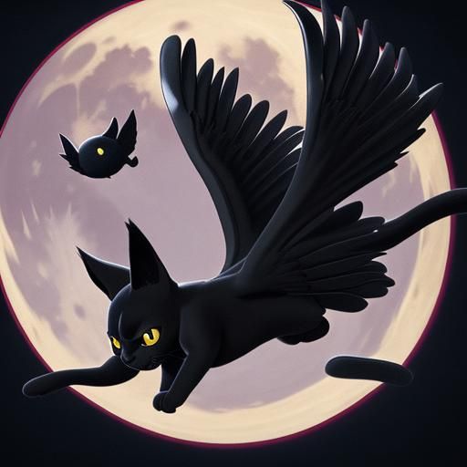 Winged Black Cat on the Moon at Night
