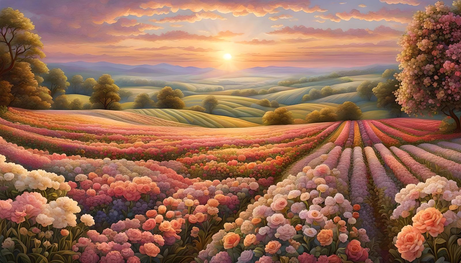 Quilted Floral Field at Sunset in Steamnouveau Style