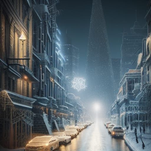 Winter Night City with Electronic Heart