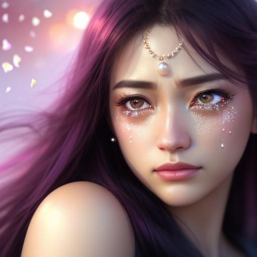 Woman with Pearl Tears in Watercolor Style