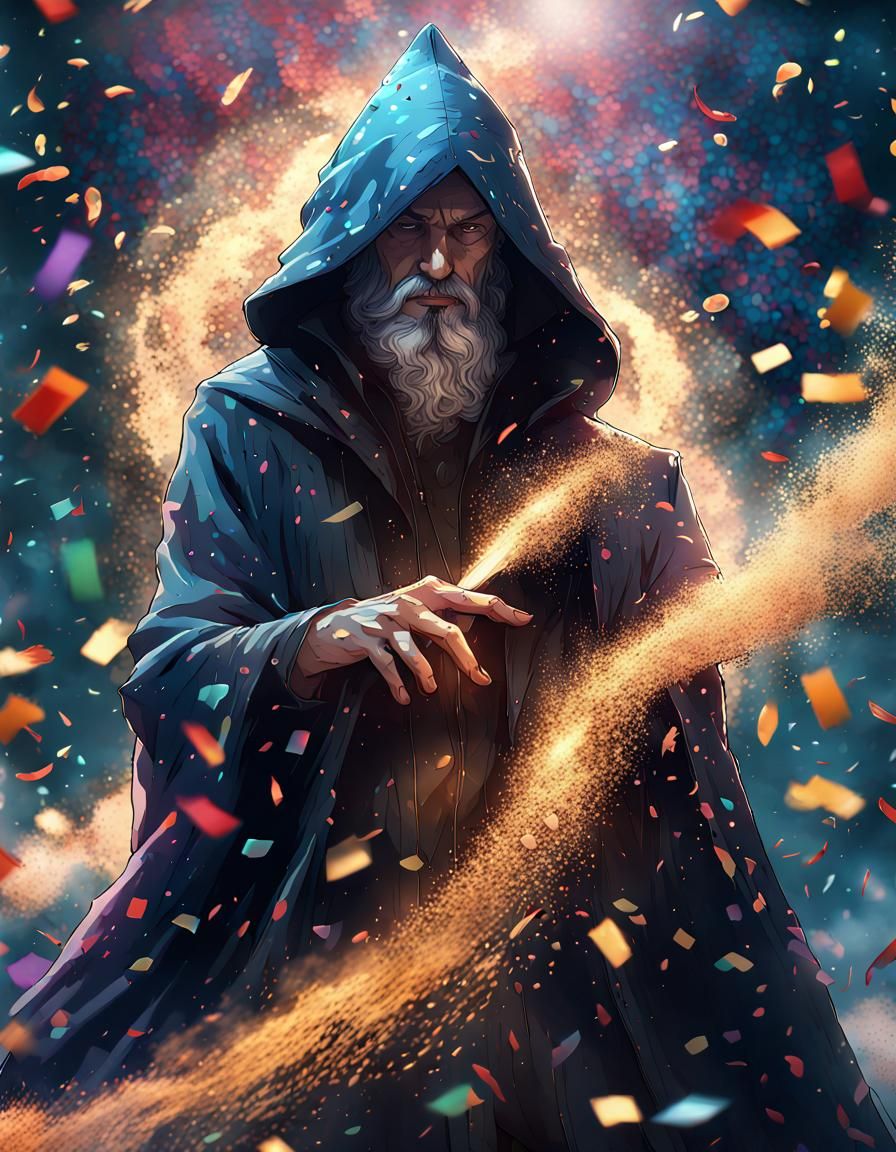 Hooded Wizard Conjuring Confetti Tornado, Dark Academia Styl...