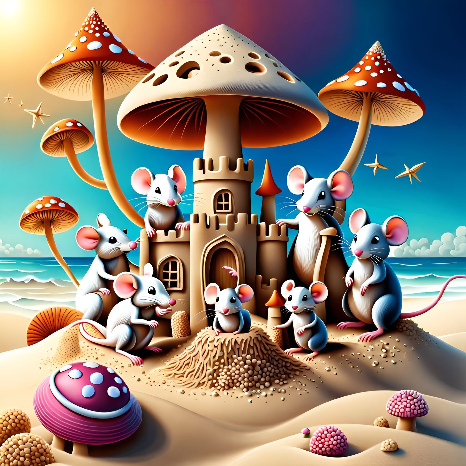 Mice Family's Beach Day in Abstract Fractal Style