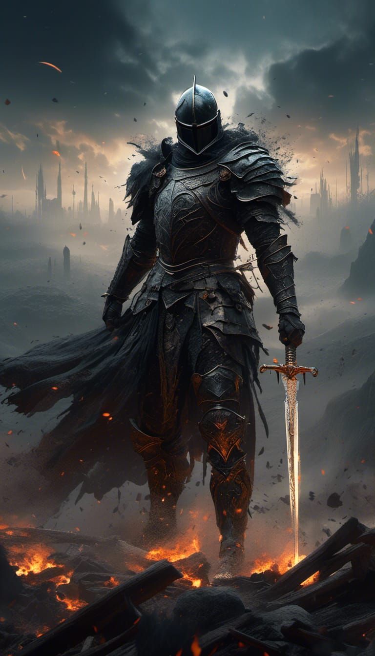 Menacing Black Knight on Battlefield in Dark Fantasy