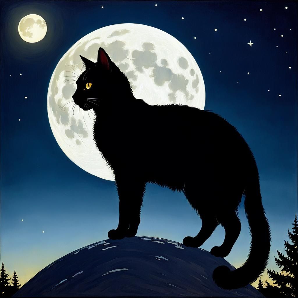 Black Cat Silhouette in Moonlight, Klimt Style