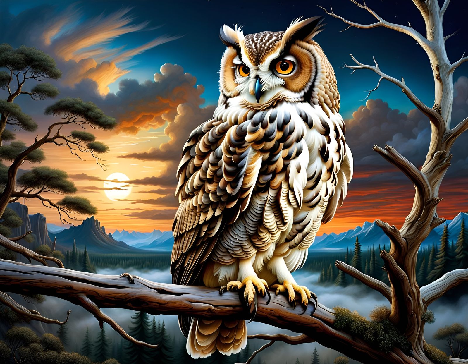 Majestic Owl in Twilight Fantasy Landscape