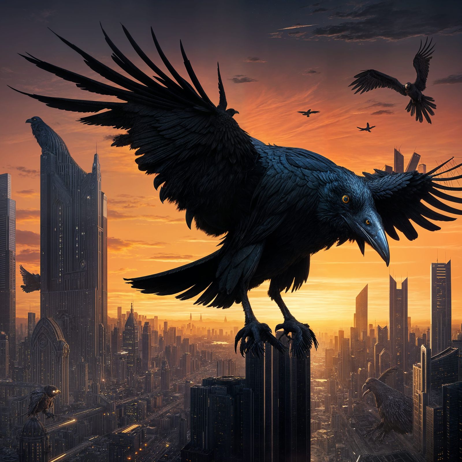 Giant Raven Over Sci-Fi City at Sunset