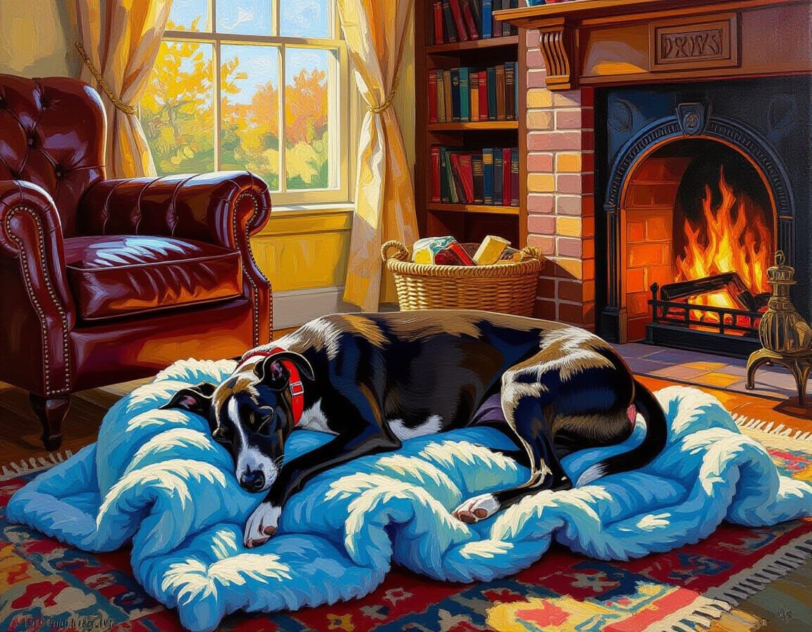 Muscular Greyhound Sleeping by Fireplace in Golden Light