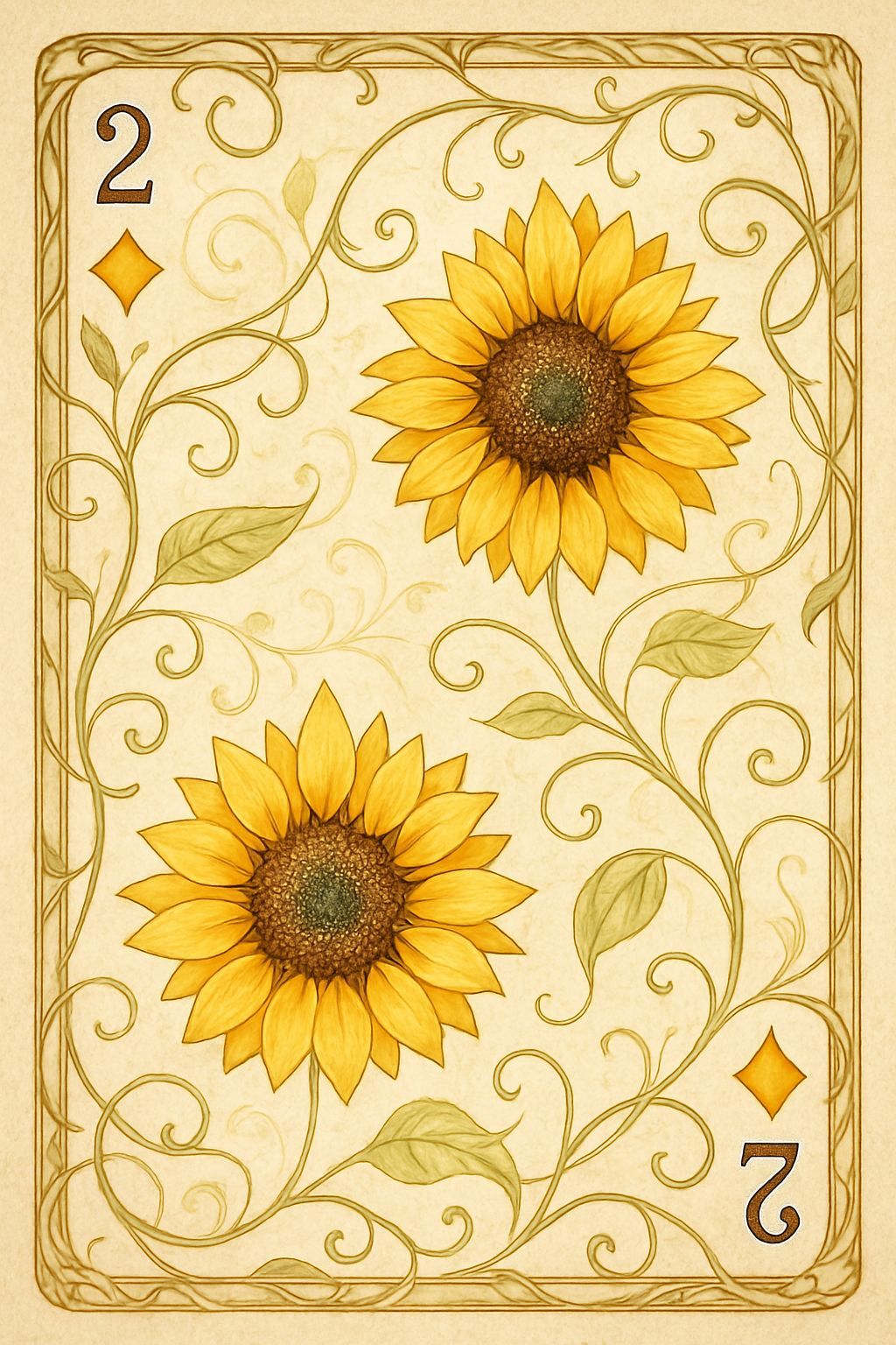 Art Nouveau Deuce of Diamonds Card with Sunflowers