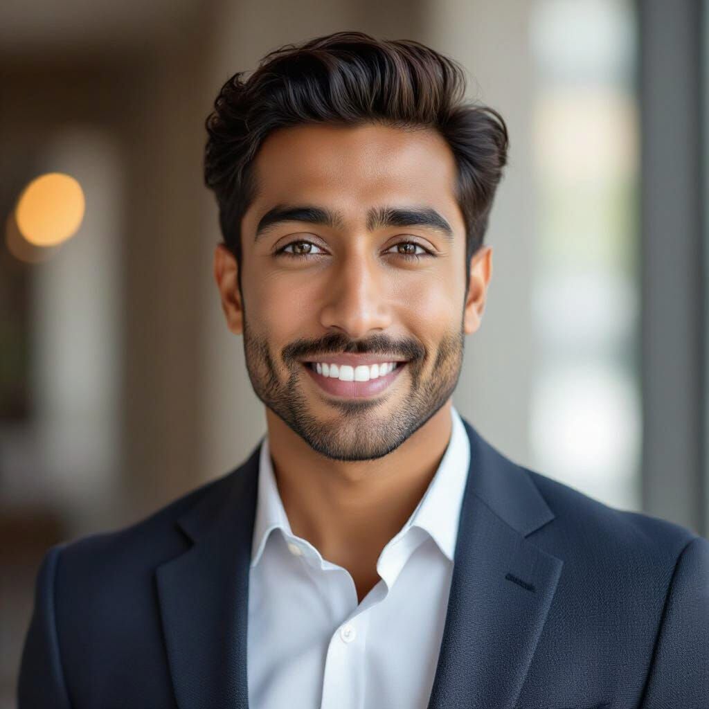 Photorealistic Indian Man in Blazer with Gentle Smile