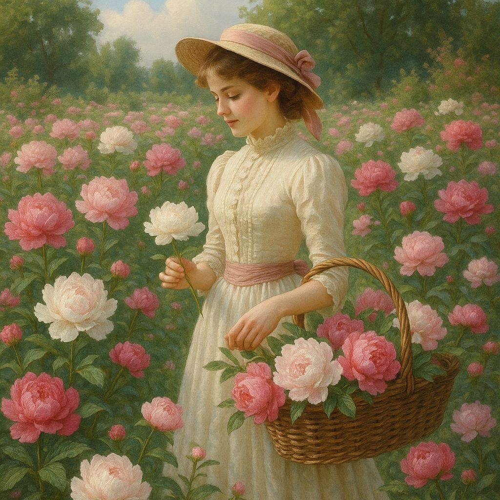 Young Girl Picks Poppies in a Vibrant Victorian Garden