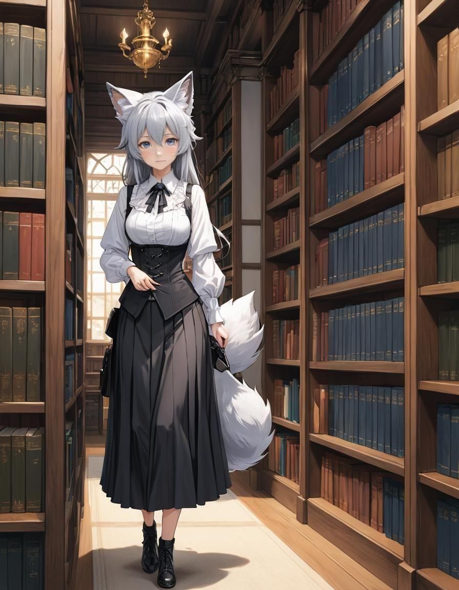 Elderly Kemonomimi Librarian in Anime Style