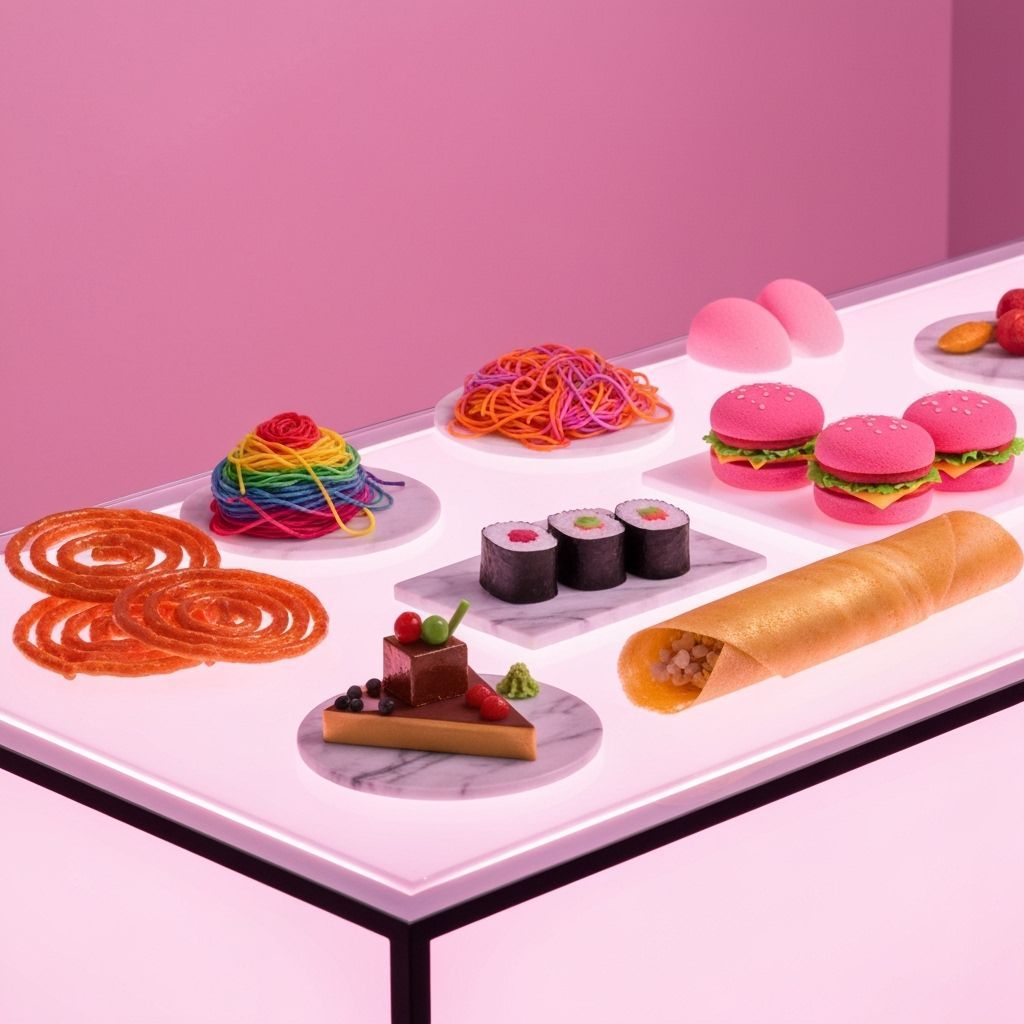 Surreal Futuristic Food Banquet on Glowing Glass Table