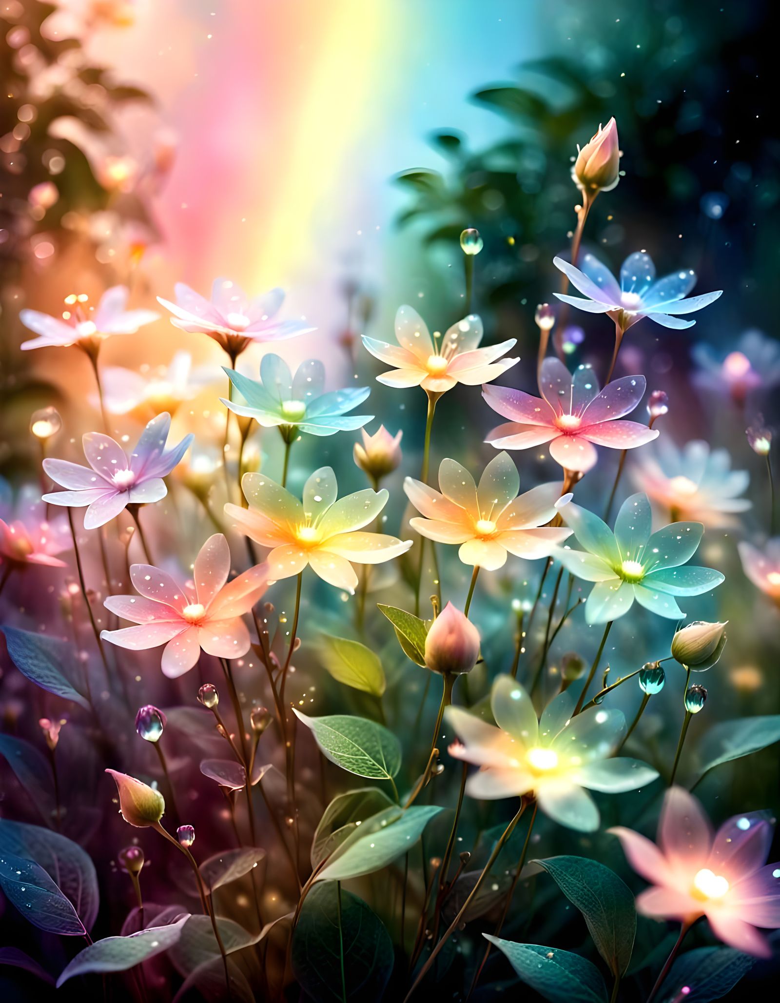 Pastel Rainbow flowers in a magical garden