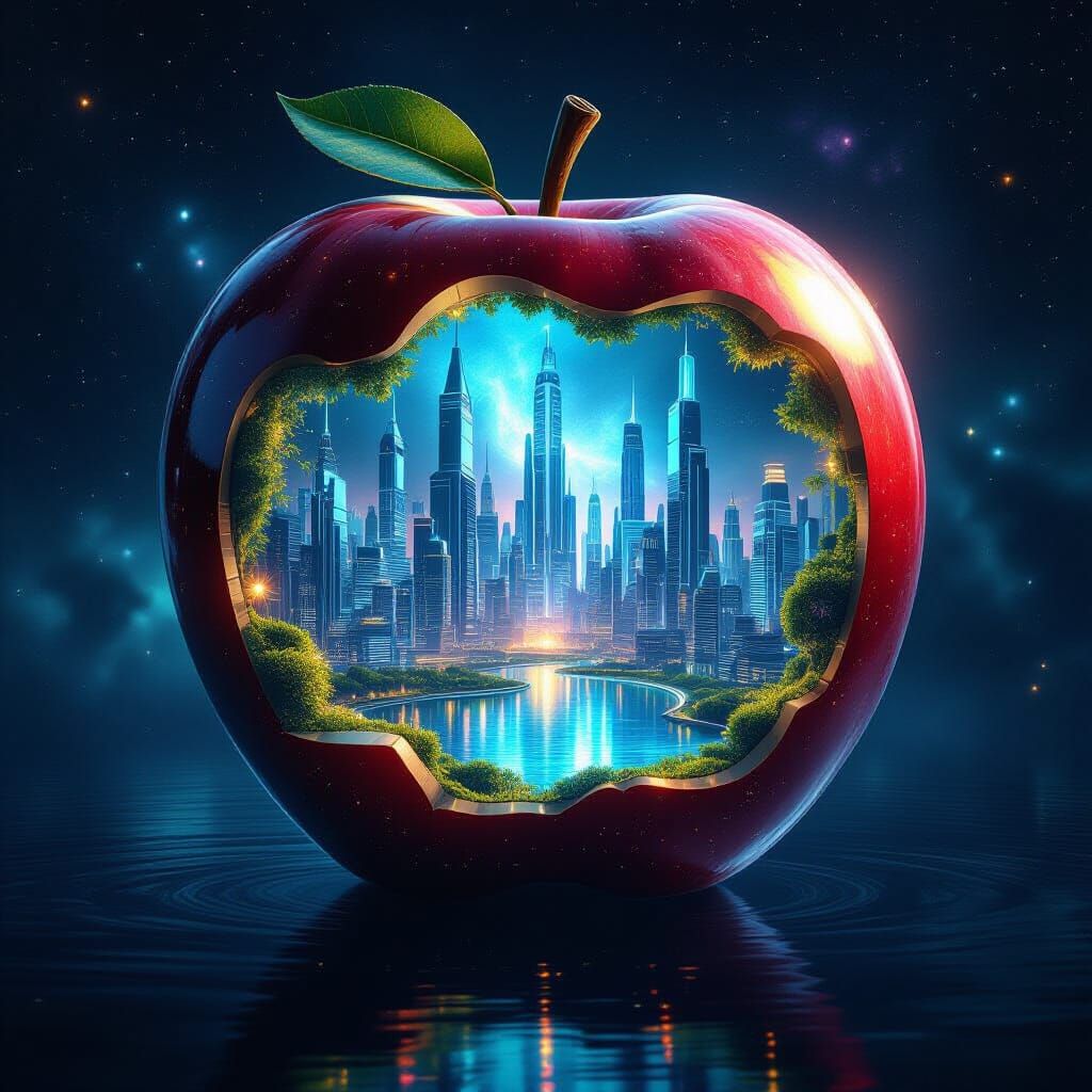 Futuristic City Inside Apple Floating in Space
