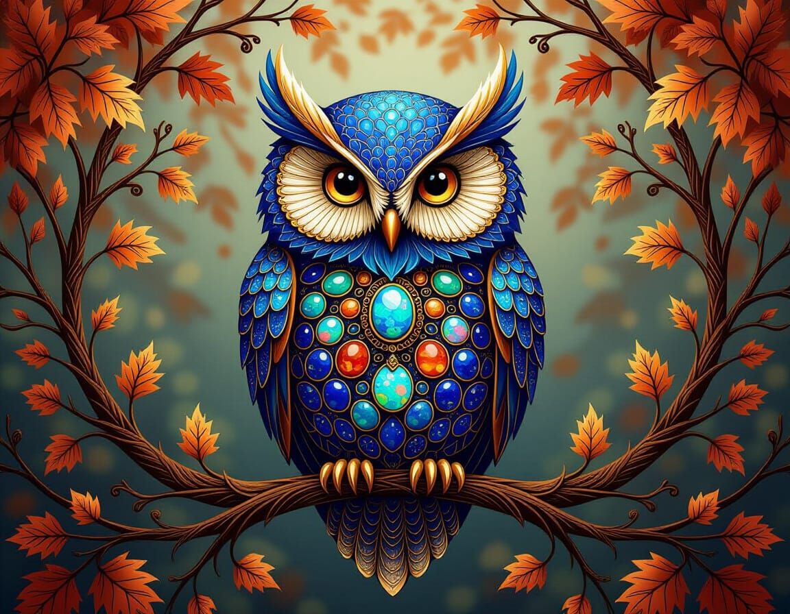 Fibonacci Owl Adorned with Gemstones on Autumn Branches