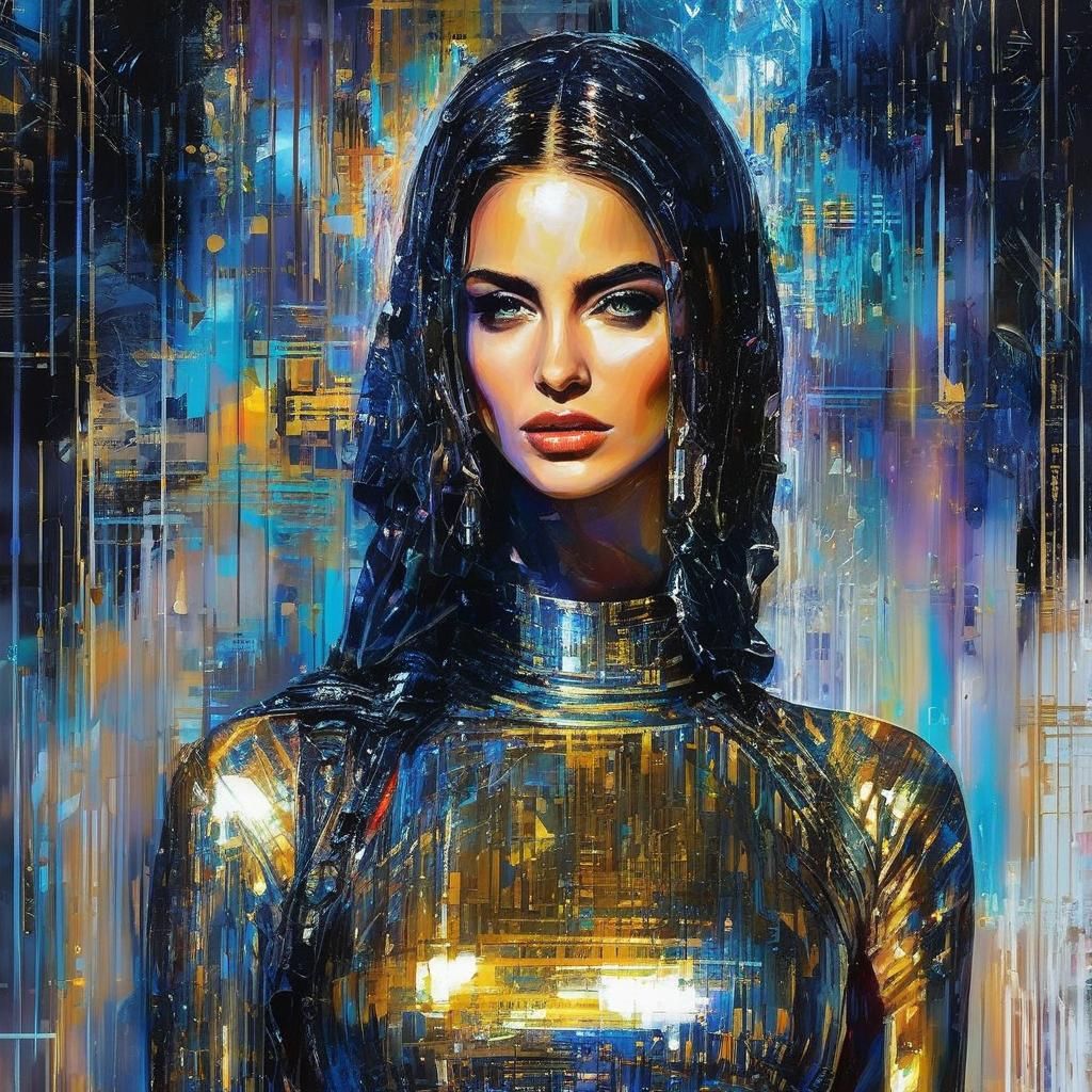 Woman in Rococo Scene with Digital Glitch Effect