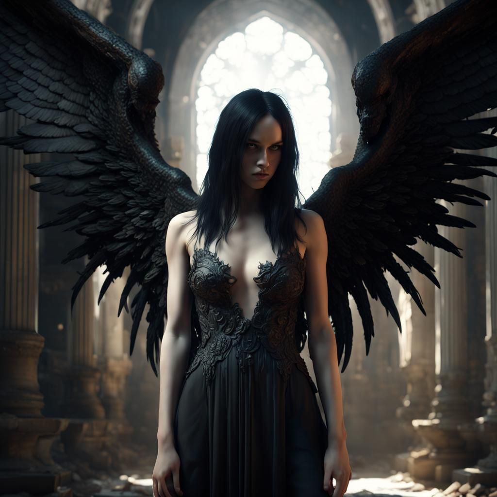 Fallen Angel with Black Wings in 3D Rendering