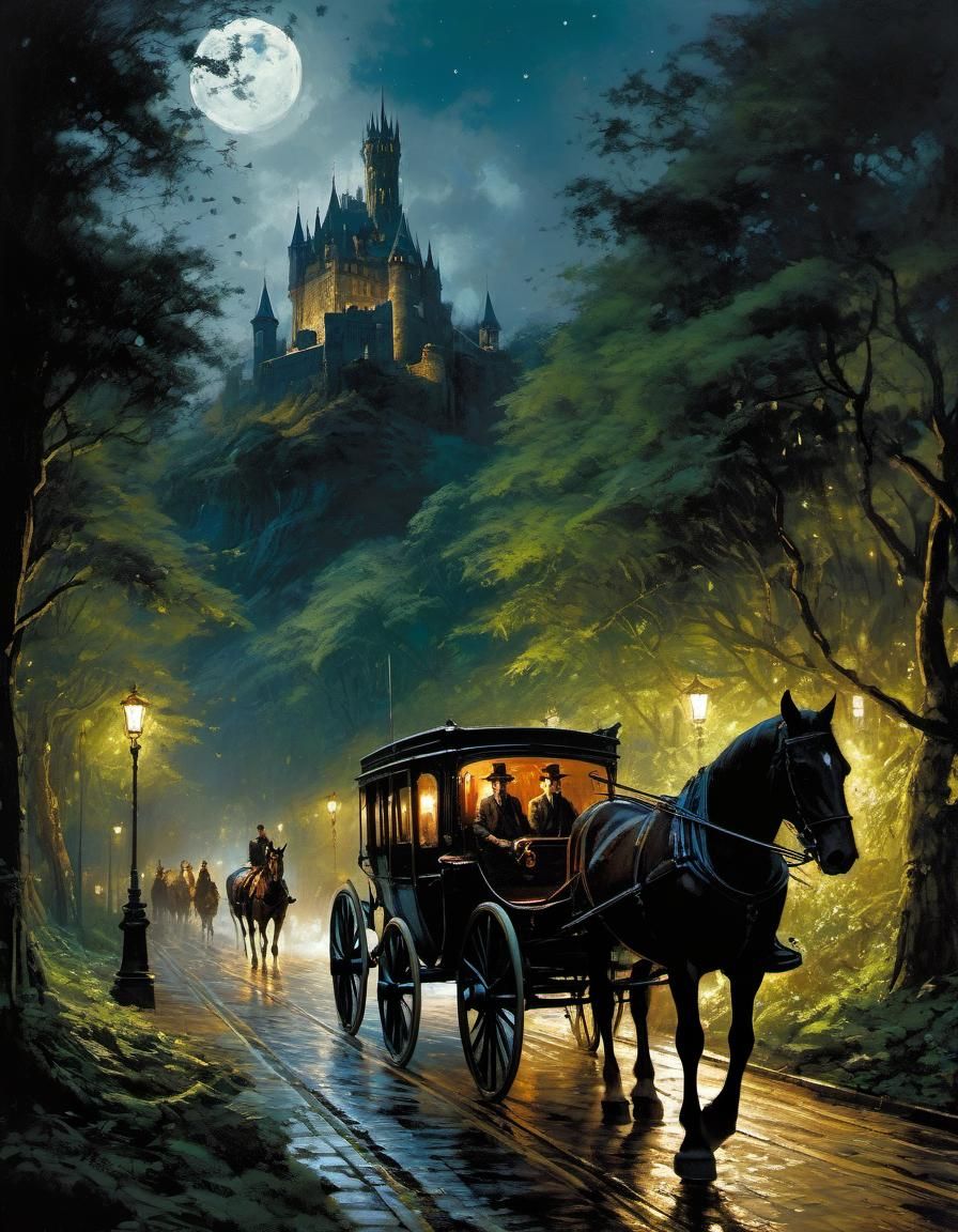 Gothic Forest Scene with Carriage in Chiaroscuro Style
