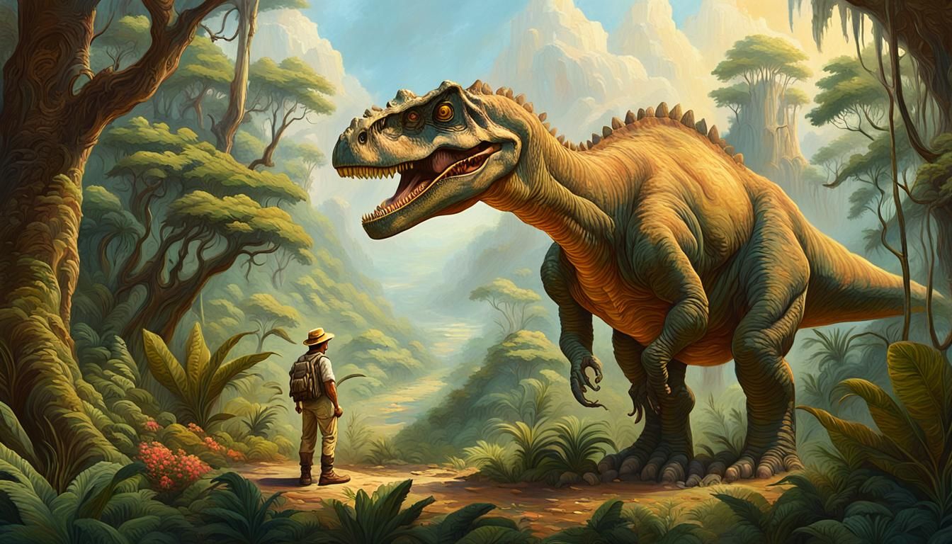 Dinosaur Explorer in Lush Dinotopia Jungle Painting