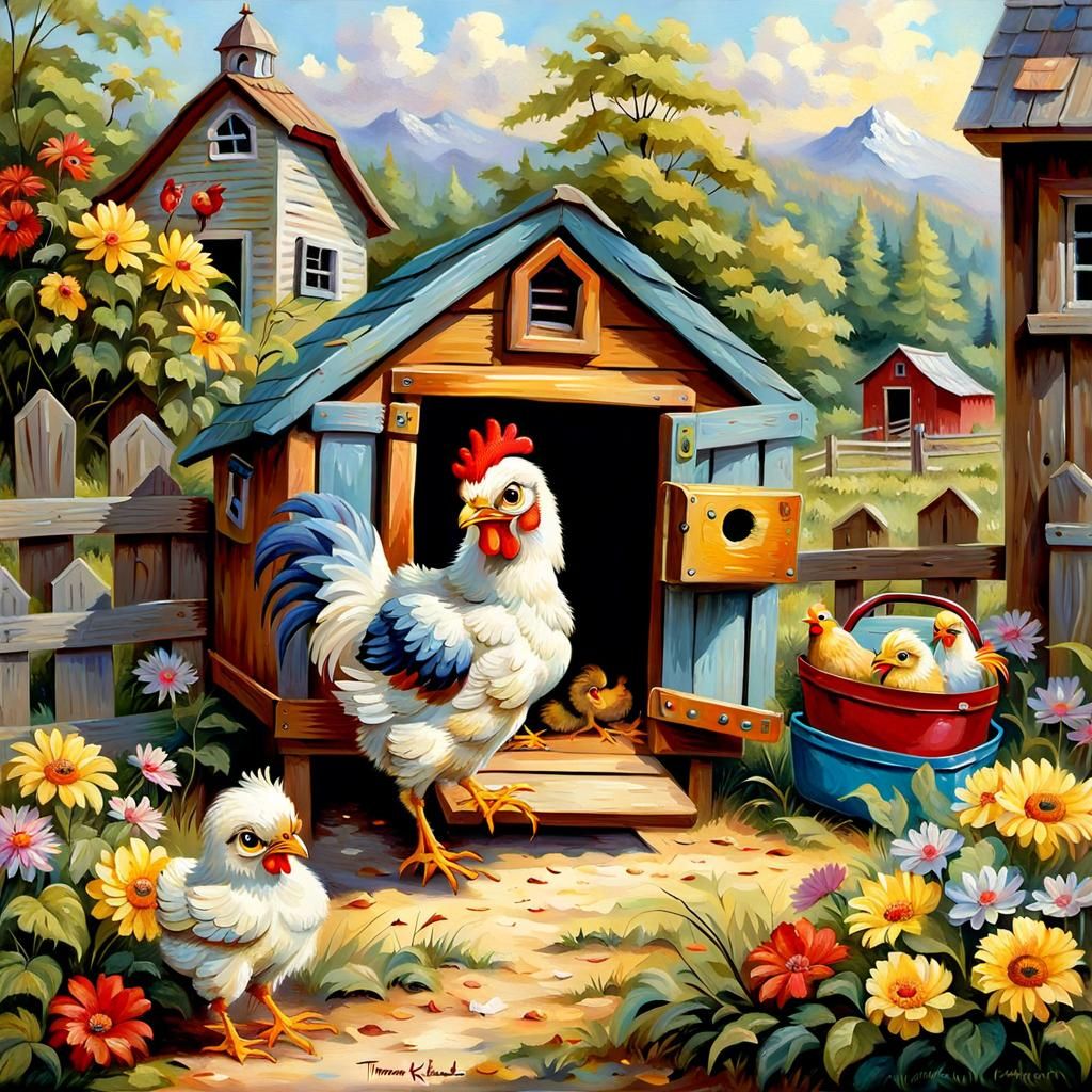 Cute Baby Chicken Leaving Coop as Oil Painting