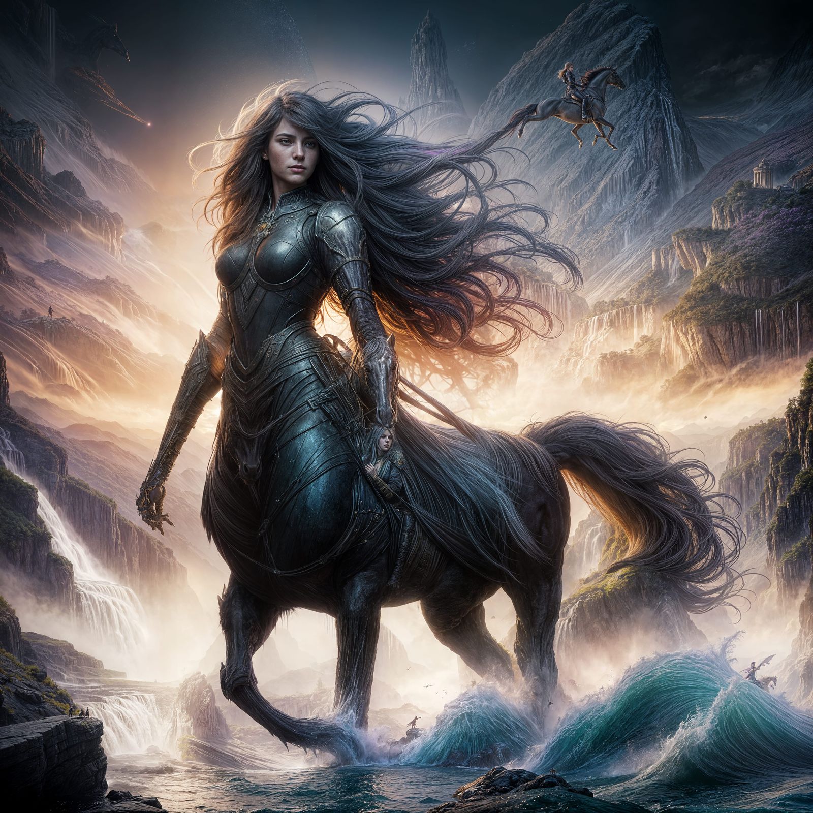 Fantasy Centaur Woman by Waterfall in Detailed Dark Art