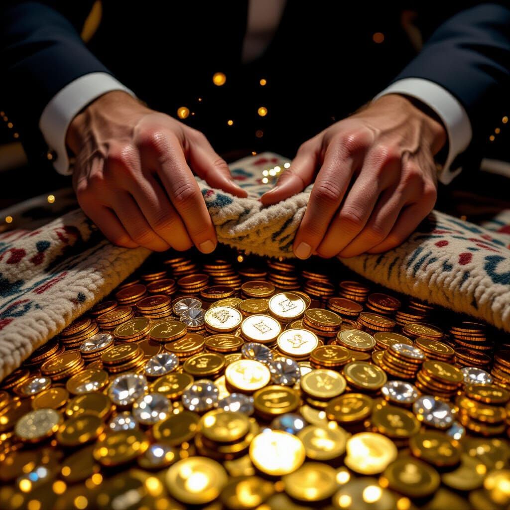 Hands Reveal Gold and Diamonds Under Pulled Carpet