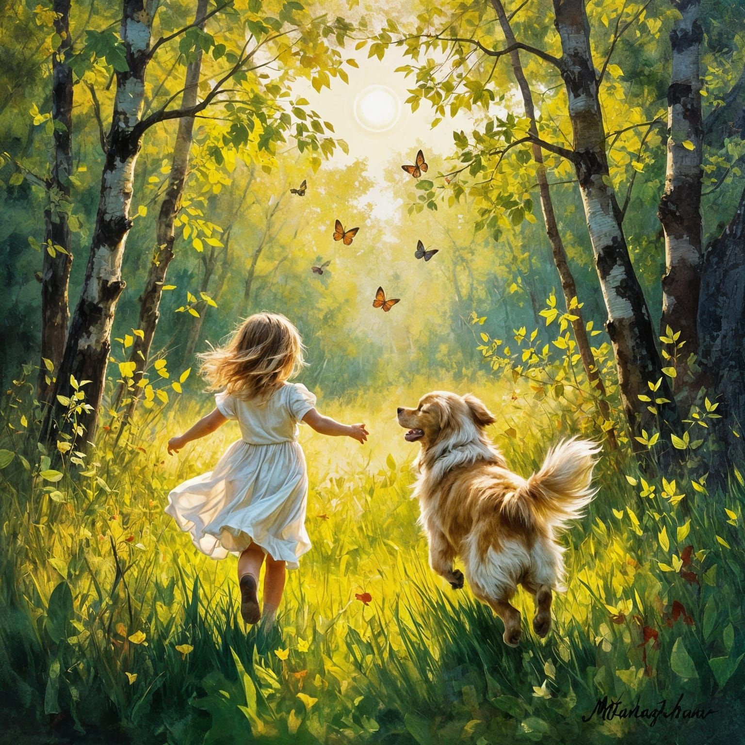 Child and Dog in Sunlit Forest Clearing, Impressionist Paint...