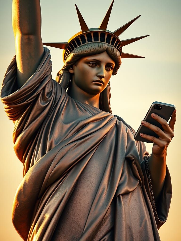 Statue of Liberty Checks Her Smartphone