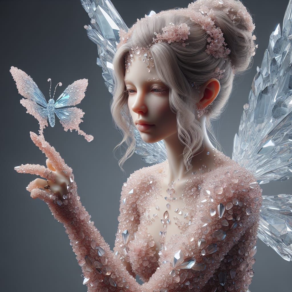 Ethereal Fairy Composed of Pale Pink Crystals with Glass But...