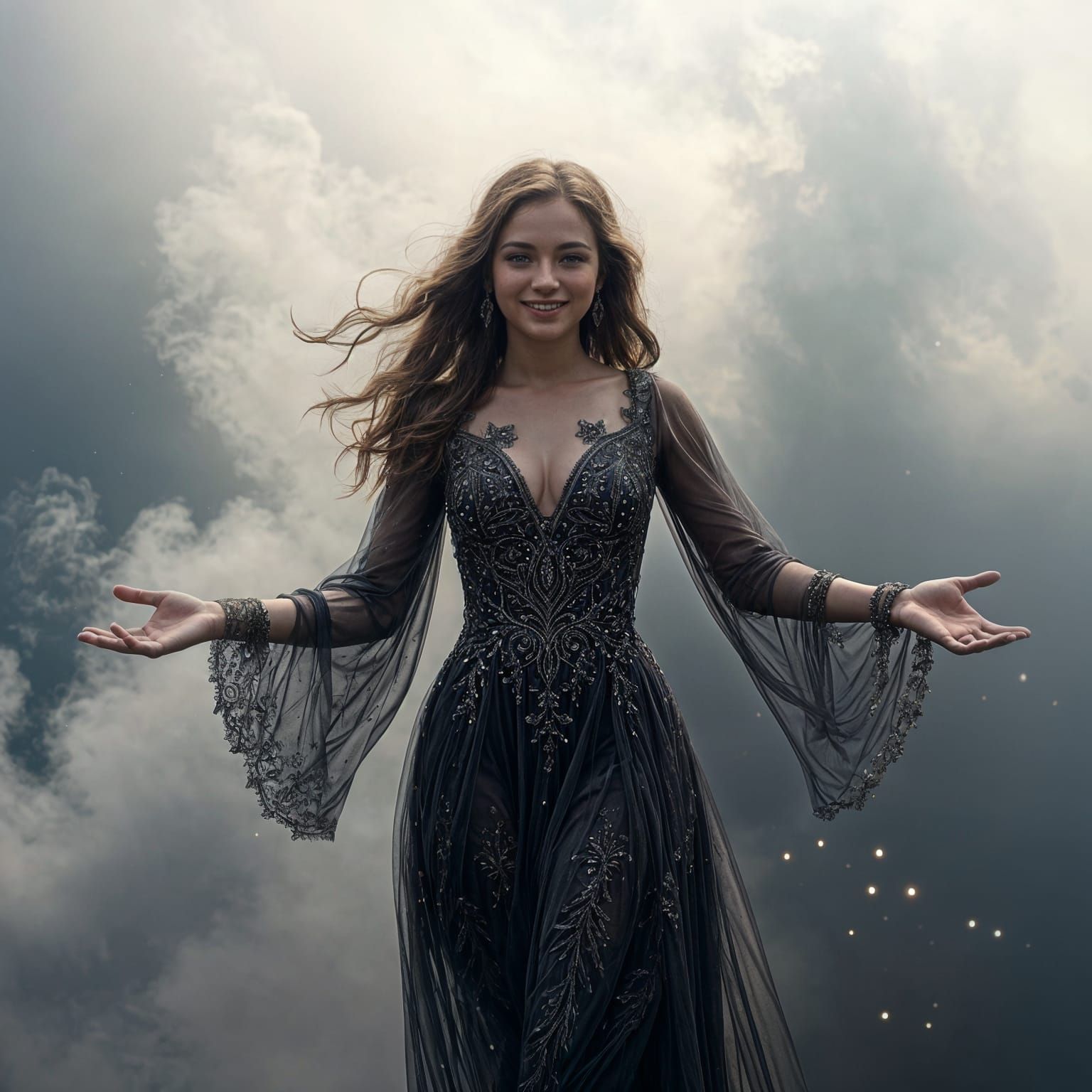 Goddess Emerges from Mist with Open Arms