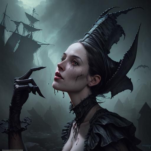 Grim Flying Dutchman Ship in Gothic Horror Style