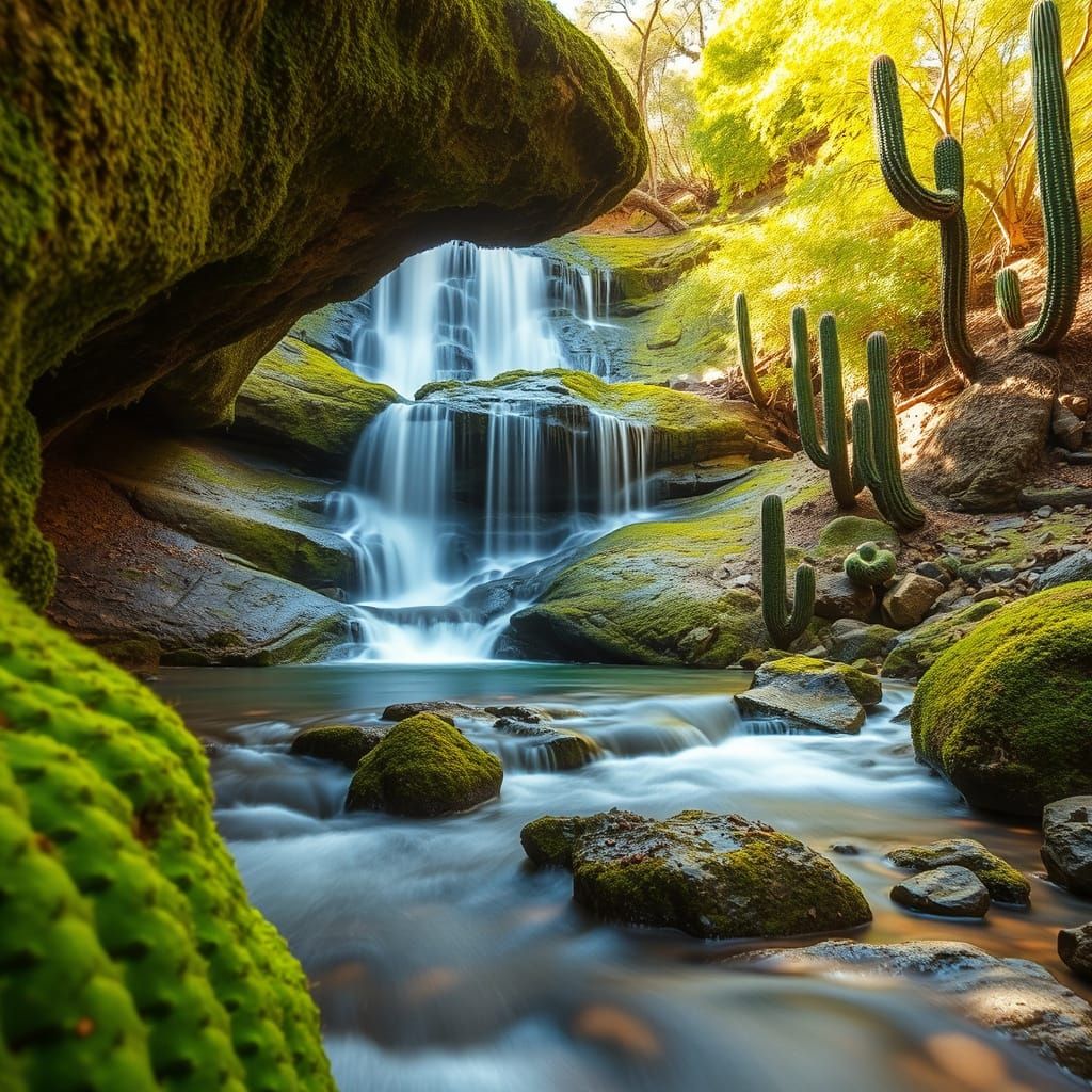 Mossy Portal Waterfall in Sahara Forest, Long Exposure