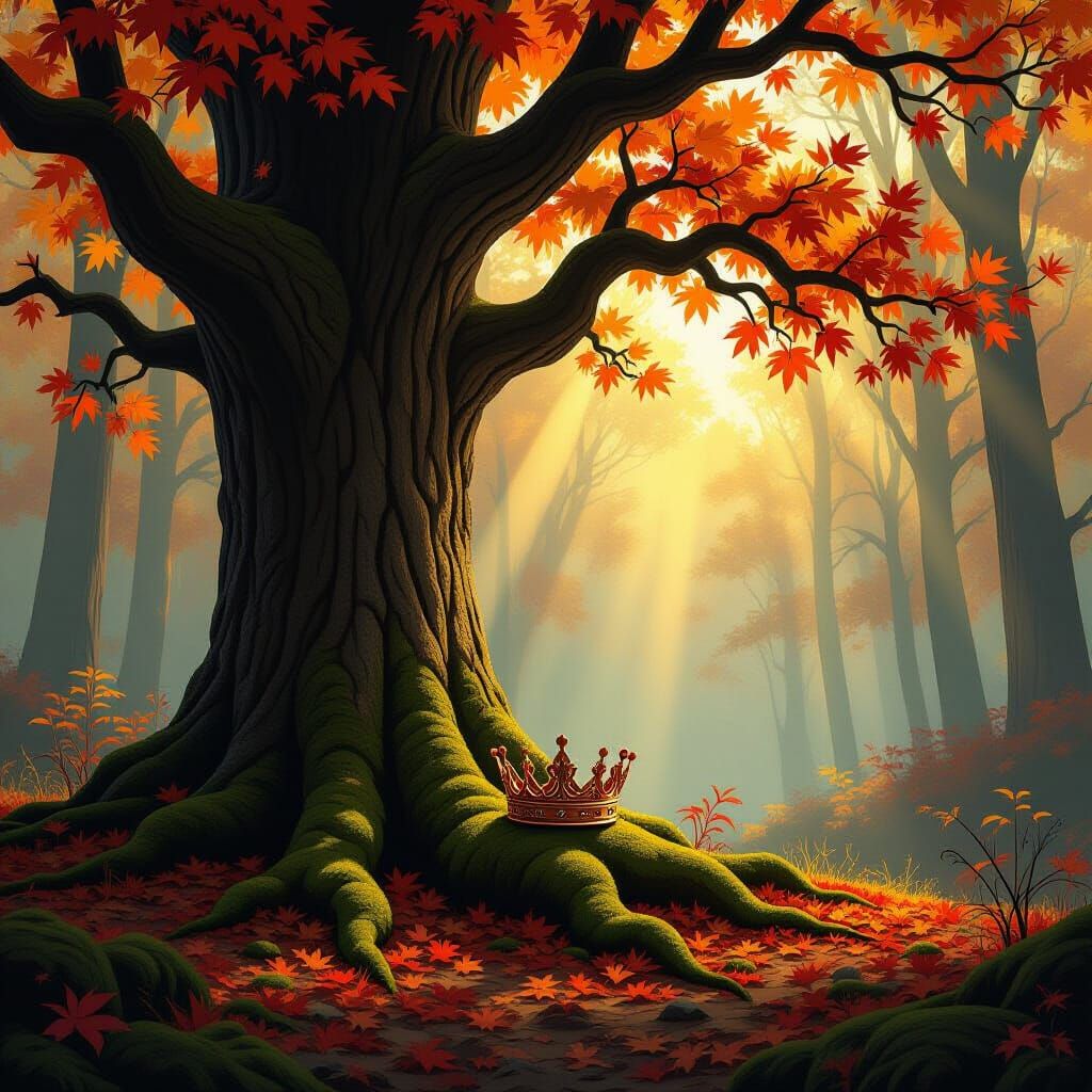 Majestic Ancient Oak in Autumn Forest with Crown