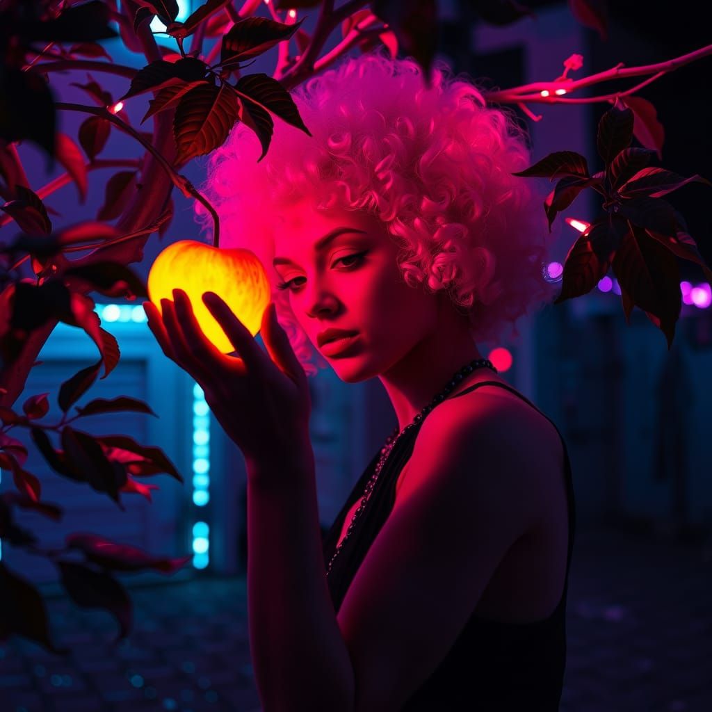 Albino Woman Picks Golden Apple: Surreal 1990s Photo