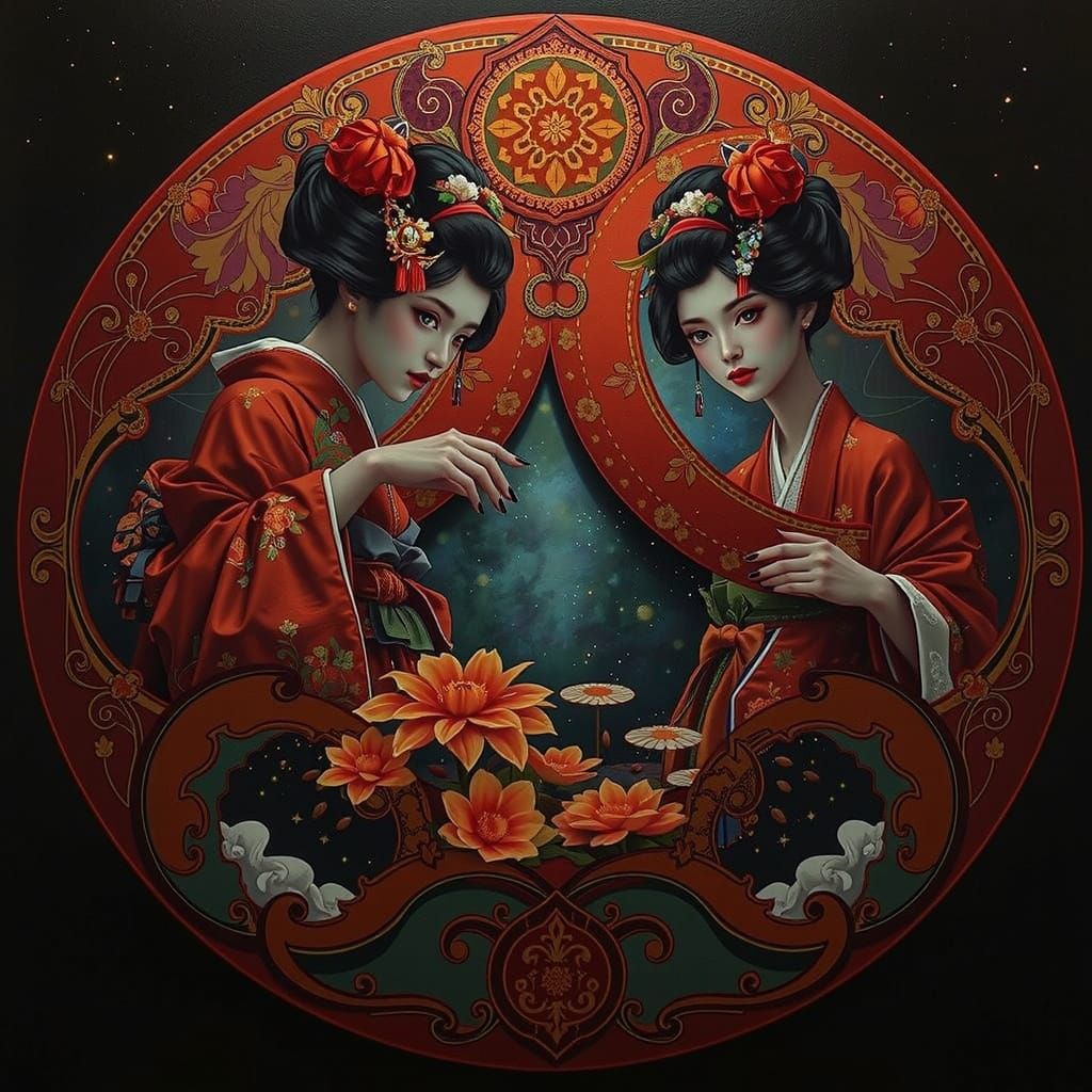 Geisha Portrait Touching Reflection in Cosmic Pond