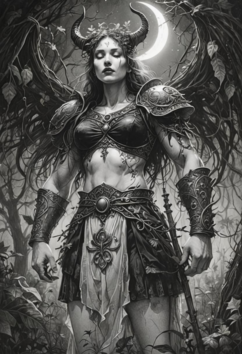 Woman on Moon in Dark Fantasy Art Nouveau